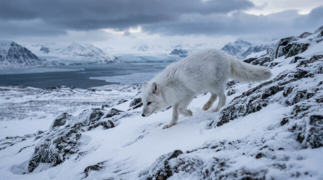 White Arctic fox walking gracefully through snowy terrain in its natural habitat.