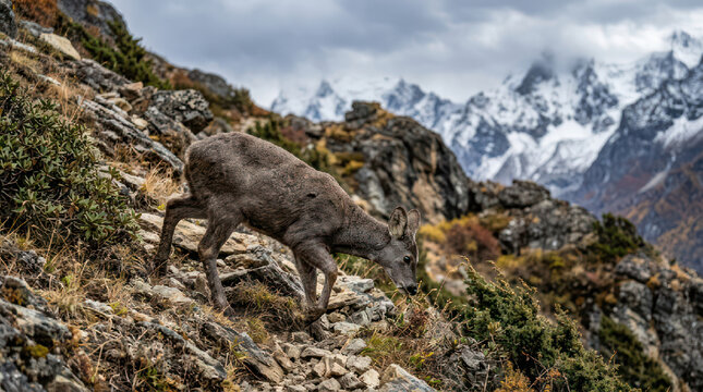 Wild Bighorn Sheep Foraging on Steep Mountain Slope.