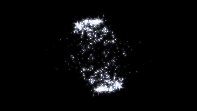 Glowing 2D star sparkle animation, doodle cartoon twinkling stars glitter burst effect, glowing white stardust wave streams swirling gracefully, magical fairy particle trail on black screen. 4k video