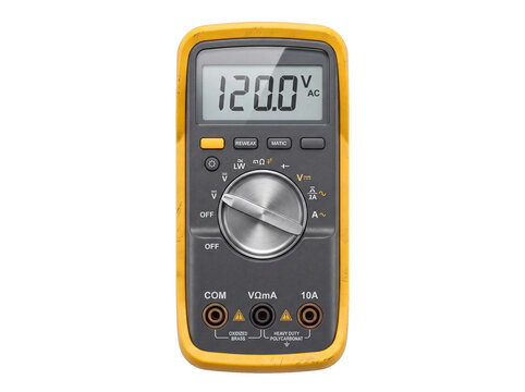 Yellow and grey digital multimeter showing 120.0 volts ac reading on lcd screen for electrical measurements and circuit testing.