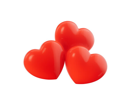 3 Glowing Red Heart Shapes Love Concept on Transparent Background.