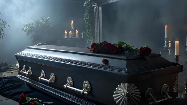 Dark gothic coffin with red roses in dimly lit candlelit room. Ornate black casket during funeral ceremony