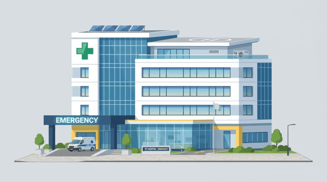 Modern hospital building with an emergency entrance and ambulance, featuring solar panels on the roof.