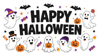 Naklejka premium Cute Happy Halloween Banner with Dancing Ghosts, Pumpkins, and Candy