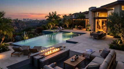 Fototapeta premium Luxury backyard patio with infinity pool and fire pit at sunset overlooking city skyline
