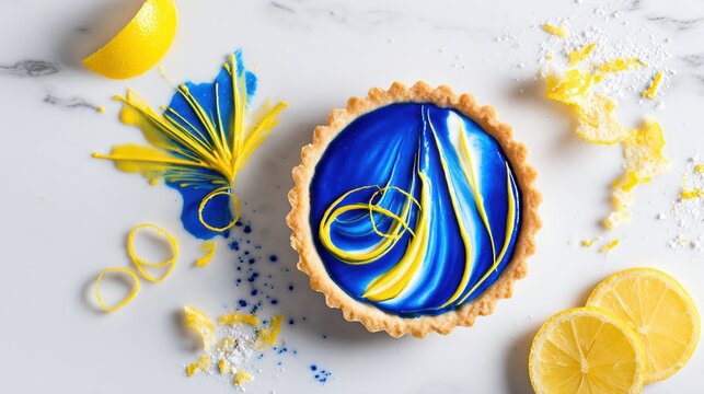Close-up view of an elegant lemon tart showcasing smooth cream texture and golden crust. Modern dessert presentation uses fresh citrus tones and refined luxury aesthetics.