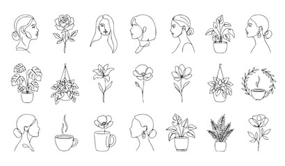 Fototapeta premium Continuous Line Art Woman Face, Rose, Plant and Coffee Cup Minimalist Vector Set
