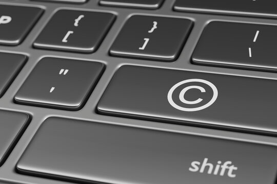 Computer keyboard with copyright symbol on one key. 3D illustration.