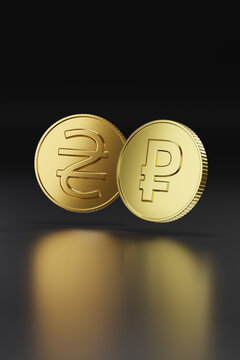 Golden coins with ruble and hryvnia sign on dark background. 3d illustration.