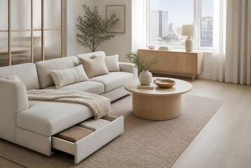 Fototapeta premium Modern minimalist living room interior with white sectional sofa and storage drawer