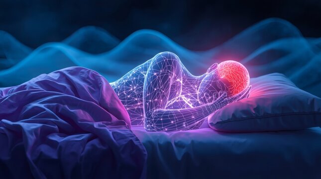 Digital consciousness sleeps on pillow with glowing brain and abstract waves