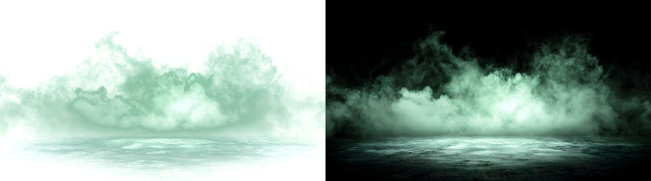 Fog rolling across a concrete floor with green light in PNG, Transparent and Black Background Versions for design projects