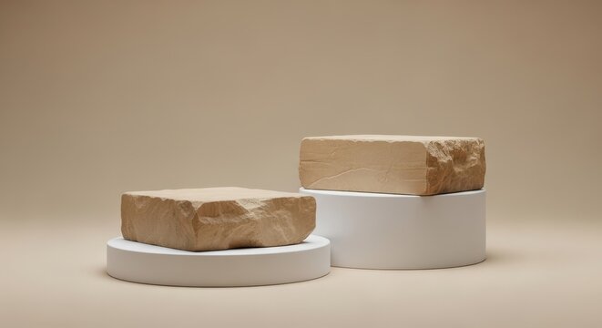 Two beige stone blocks placed on white cylindrical pedestals against a light brown background