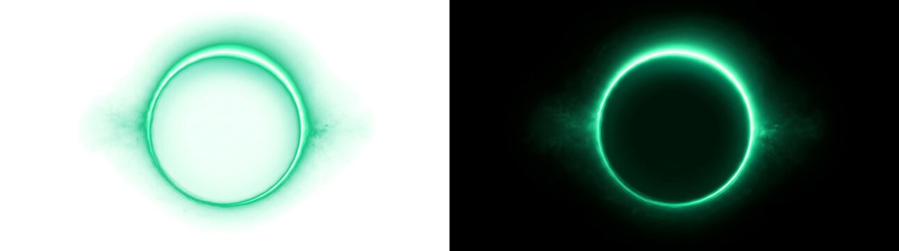 Neon circle glowing in bright green light on a dark backdrop in PNG, Transparent and Black Background Versions for tech designs