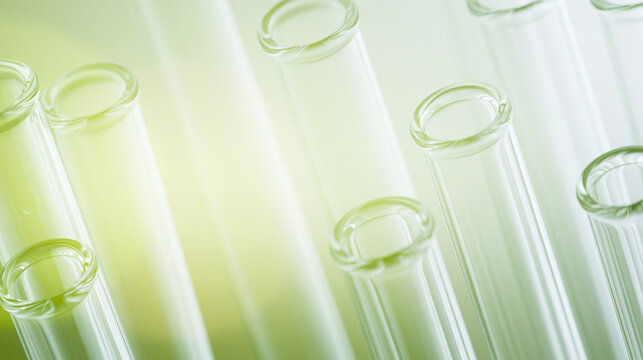 transparent glass test tube array glowing soft green bokeh backdrop evokes clean sustainable laboratory wellness atmosphere ideal for advertising web design banner layout

