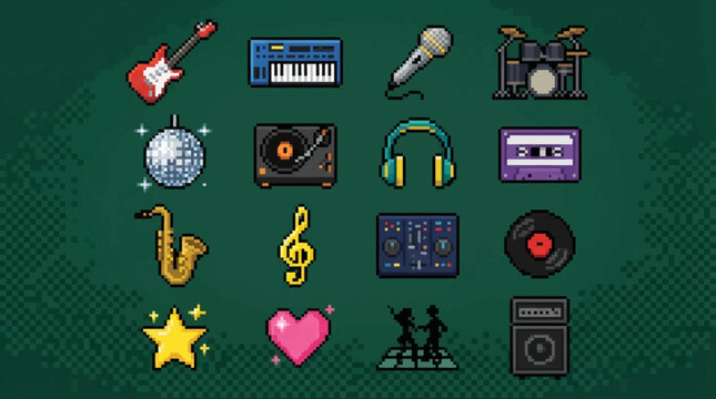A collection of pixel art icons representing various musical instruments and elements of music.