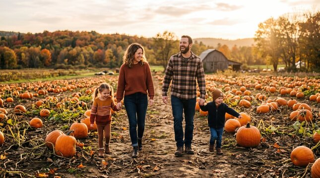Family of four walking through a pumpkin patch at sunset with autumn foliage, wearing sweaters and jeans in a rural farm field