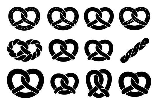 Assorted black silhouette pretzel and bread icon set on white background.