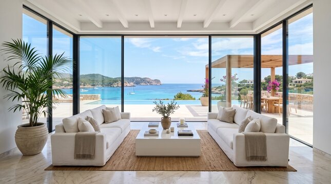 Luxury Living Room with Sea View and Infinity Pool in Modern Villa