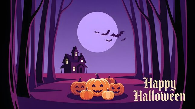 Pixel art halloween background with pumpkins and a haunted house under full moon