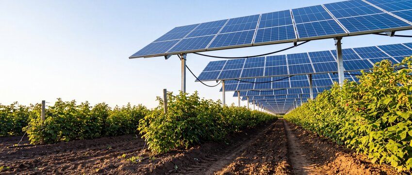 A grassland farm with elevated bifacial solar panel canopy above rows of organic crops in golden hour
