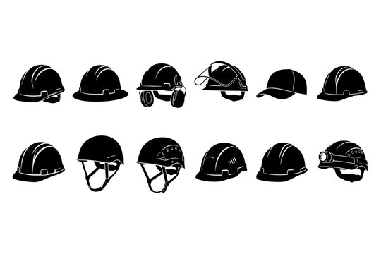 Variety of protective headgear: helmets, hard hats, and caps in silhouette.