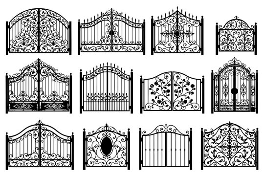 Ornate wrought iron gates collection with intricate decorative patterns.