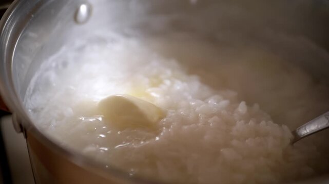 A pat of butter melts slowly over hot steaming white rice cooking in a metal pot with rising steam. Concept of home cooking, culinary preparation, simple recipes, and comfort food.
