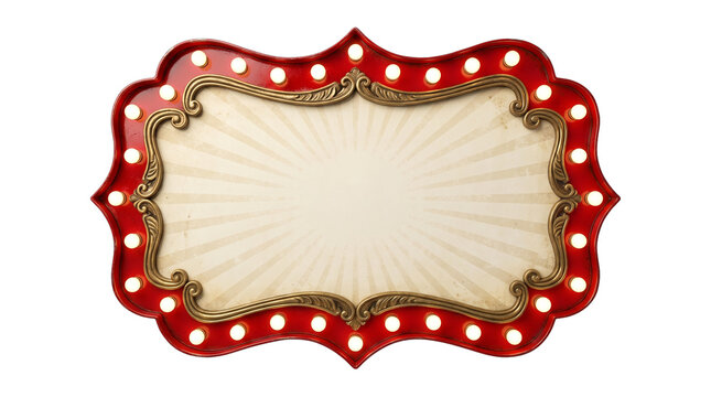 Vintage Circus Marquee Sign Board with Glowing Light Bulbs, Retro Ornate Red and Gold Frame Isolated Element PNG Cutout