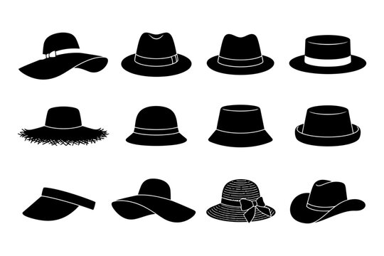 Silhouette collection of various hat styles: fedora, bucket, sun hat, cowboy.
