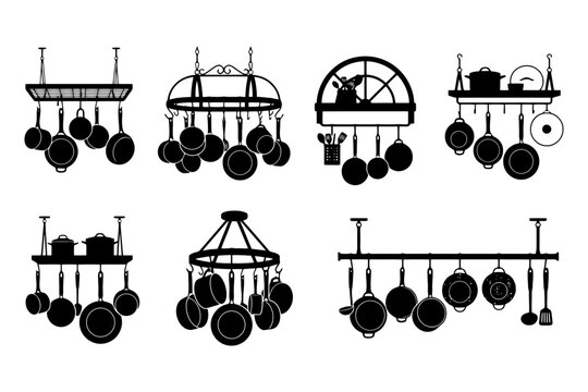 Silhouette collection of various hanging pot racks with kitchenware.
