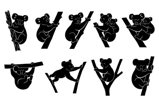 Cute black silhouette koalas climbing trees in various poses.
