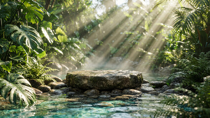 Fototapeta premium Round stone podium surrounded by tropical water stream with sun rays and misty atmosphere, natural product display background