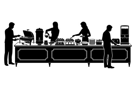 Silhouettes of diverse individuals at a buffet table with various food and drink options.
