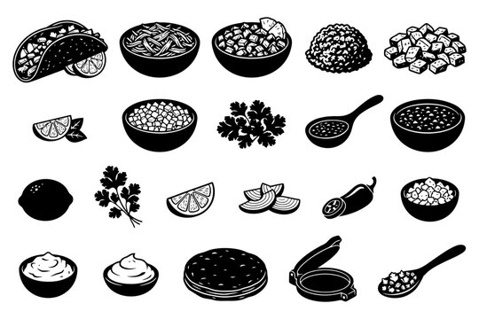 Mexican cuisine elements icon set with tacos, salsa, and cilantro.