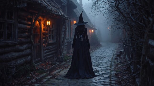 Mysterious witch in black gown walks down cobblestone path to old cabin