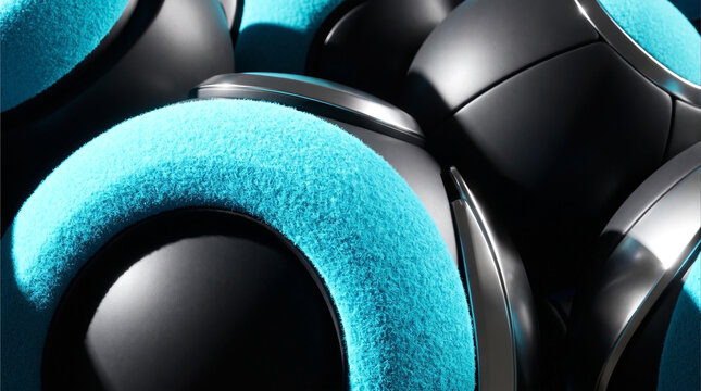 Abstract 3D geometric composition of sleek black spheres with polished metal rims and turquoise velvet insets
