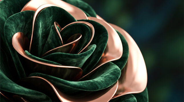Abstract close-up of a luxurious artificial rose featuring dark green velvet petals and polished copper edges