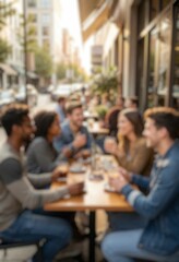 Fototapeta premium Blurred social gathering featuring people from diverse backgrounds enjoying time together, suitable for friendship, diversity, connection, and leisure concepts.