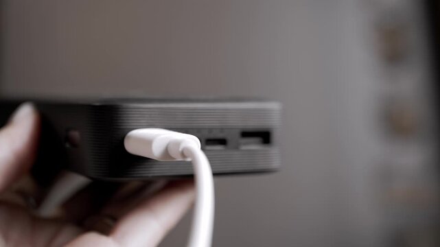 A close-up of a hand holding a black portable power bank with a white USB cable plugged in. Concept of mobile energy, battery power, convenient technology, and portable charging solutions.