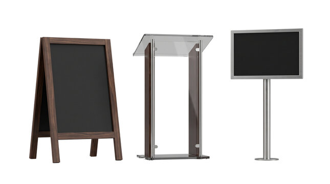 Blank Display Stand Set with Wooden Chalkboard, Podium Lectern, and Metal Poster Sign Board, Cutout Object Isolated Element Transparent PNG