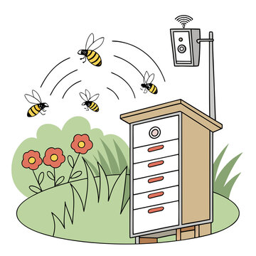 Smart beehive with camera monitoring system and flying bees in a garden
