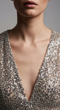 Woman wearing a shiny silver sequin dress with deep v neck