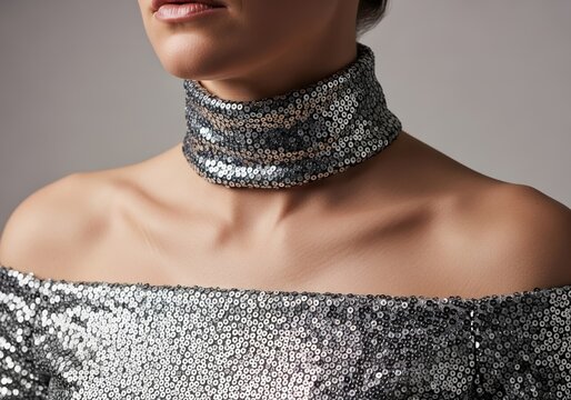 Woman wearing a shiny silver sequin choker necklace and matching top