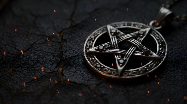 Dark gothic silver pentagram necklace on cracked stone with embers for halloween spooky macabre occult ritual and mysterious eerie atmosphere