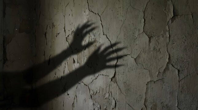 Creepy shadow silhouette of spooky hands resembling a monster or horned beast clawing on a cracked decaying wall for a scary halloween theme