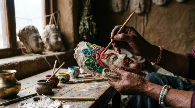 Artisan carefully paints a traditional mask in a workshop.