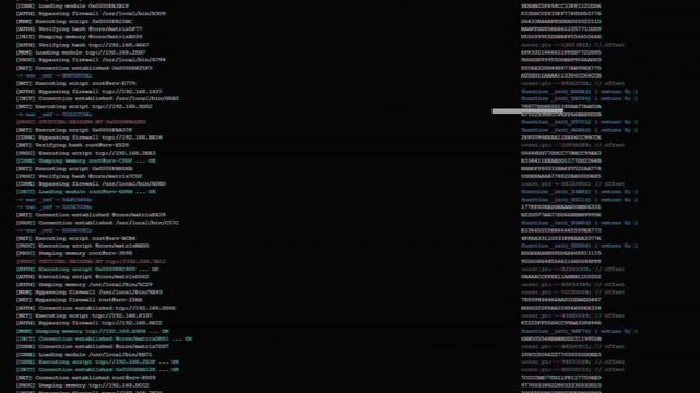 Computer Programming Code Scrolling on Black Background Terminal Interface for Cyber Security and Software Development Projects