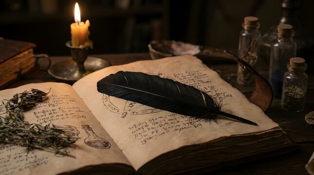 Ancient open mystical spellbook with black feather quill and flickering candle wax for Halloween magic raven ritual with antique potion bottles