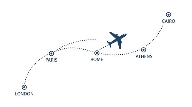 Airplane flight path map connecting major european cities including london paris rome athens and cairo on white background